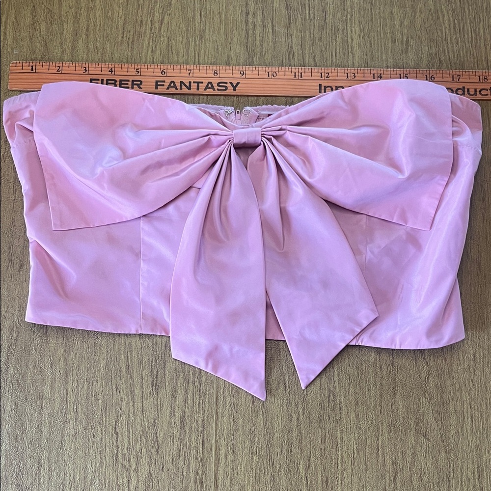 STAUD Dusty Pink Strapless Bow Crop Top, Satin Fabric, Stretchy Back, Sz L - Picture 4 of 11